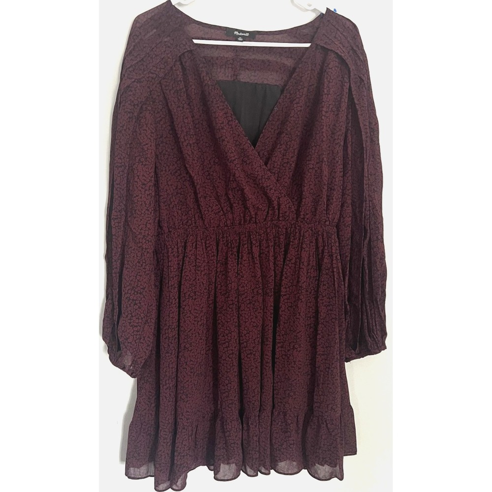 Madewell Dress Womens XL Burgundy Black Floral Long Sleeve Smock Wrap Ruffle Hem